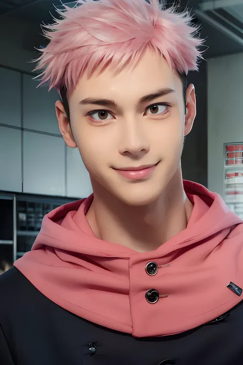 top-quality, 8K, ultra-detailliert, Photorealsitic, 1boy, Solo, Male Focus, Looking at Viewer, Upper body, polygon_Yu II, Light pink hair, Undercut, School run, student clothes, (Black school uniform:1.3), smirking, Japan Faces, Sharp eyes