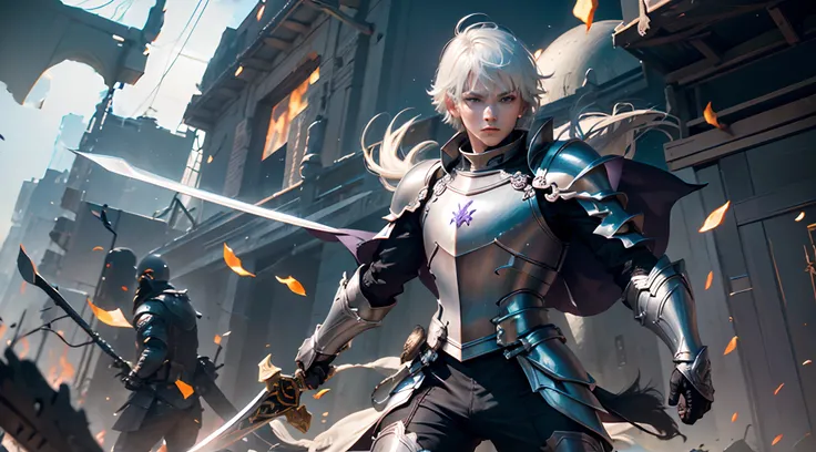 A man with short hair,Armor silvery-white,Wielding a sword that emits black mist,Purple electricity winds all around,In the midst of a battlefield of flames