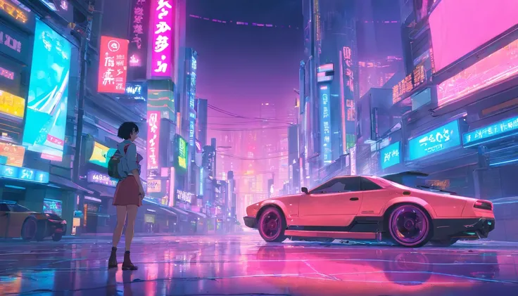 An expansive cyberpunk landscape set in South Korea，There are flying cars and neon lights, In shades of pink, Blue and red, Aim for a《bladerunner》big breasts and big breasts《Fantasma na Concha》style of