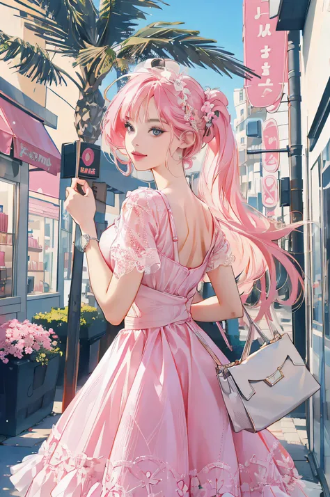 Girl in the garden, Barbie stands outside the perfume shop, She was holding a bag from a perfume shop in her hand, Shes about to get on her C1 Corvette car, Pink and white clothes, C1 Corvette, She wears a pink and white plaid dress, The background shows a...