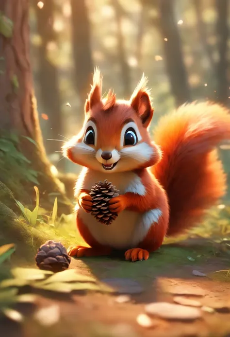 Close-up of a small squirrel with a leaf in its mouth, Holding a pine cone in his hand，cute forest creature, Red panda, Wilderness landscapes, author：Yu Zheding, Stylized 3 D, Cute fox, feng shu, Hidden animals, Cute detailed digital art, dreamworks style,...