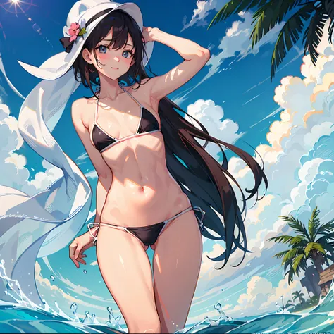 (​masterpiece), (top-quality), (Ultra Small Bikini:1.5), (blushed face:1.3), (Cover your crotch with both hands:1.3),  (Spilling:1.4), under the boobs, You can see the on the side,  Naked, a beauty girl, Precise hands, Embarrassed look, Smile, Very cute, C...