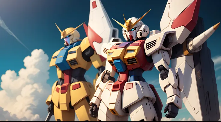 One yellow, blue, white, gundam