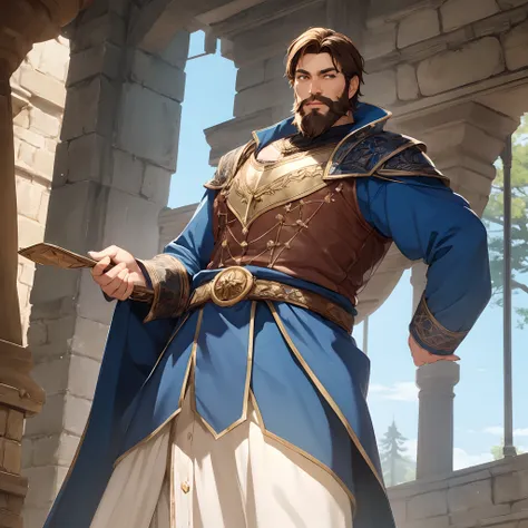 Fantasy, king over neverwinter, breastplate, blue clothes, mid 60s, brown hair, neat beard, proud face, long face, middle aged, tall