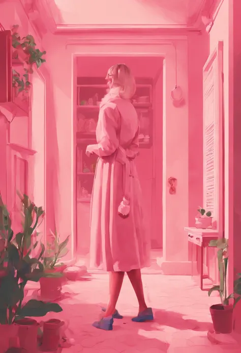 Instagram, foto posando, influencer, en el fondo hay una casa minimalista tipo wes anderson, el color rosa es el principal, la mujer lleva un vestido rosa divertido, moderno, hermosa