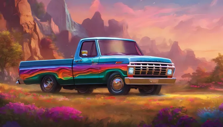 Render of an 80s Ford pickup truck, showcasing the characteristic design elements of that decade, with wide fenders and a prominent hood. The truck stands out with its vibrant color and the distinct text El Pelavacas emblazoned on the front.