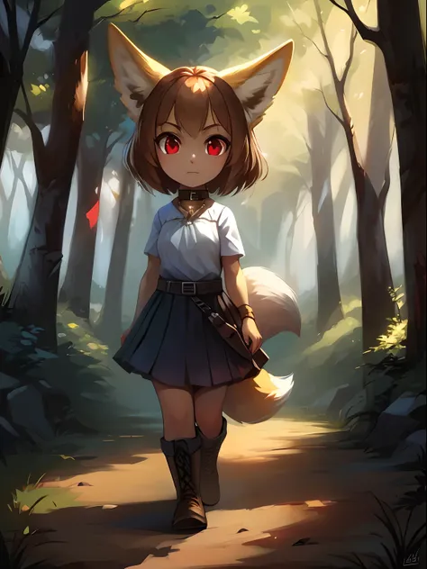 big long shot of (a small female humanoid fennec fox with light brown hair and yellow fur) wearing (brown collar, white striped blouse, brown boots, dark blue skirt, red eyes, leather belt), walking, on a forest