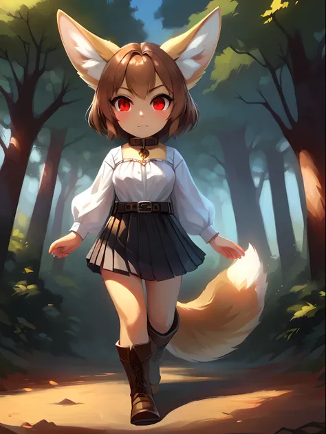 big long shot of (a small female humanoid fennec fox with light brown hair and yellow fur) wearing (brown collar, white striped blouse, brown boots, dark blue skirt, red eyes, leather belt), walking, on a forest