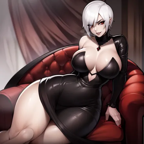 (((Solo))) Vampire girl with short white hair, (red eyes), ((wearing a black dress)), wearing a red necklace, wearing gloves, Anime style 4K, large chest, curvy hips, long legs, detailed eyes, ((sitting)), on a throne