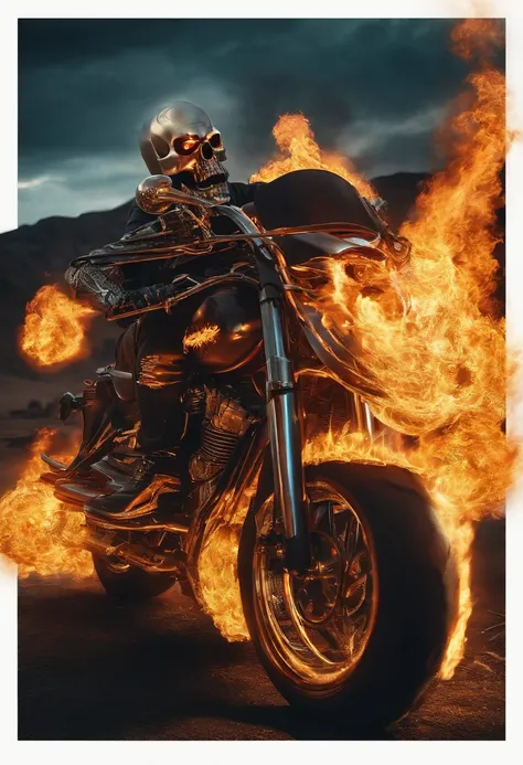 Superhero Ghost Rider，The skulls eyes flickered with fire，Burning chains wrapped around his body，Akirabik，Composed of fire elements，Riding his black futuristic tech motorcycle，Gallop on the burning plains