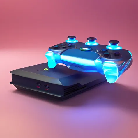 A Playstation remote control with neon light and  thunder coming out of it,Clean background, Good gloss, 3D rendering of,Best quality