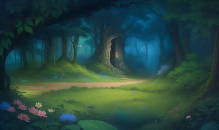 A fairytale forest，Dense jungle，comic strip，illustration，Original painting scene，hyper HD，Extremely detailed，Ultra high quality，There are woods, grasses, flowers，There are small butterflies in the vicinity，There is a winding stone path，Oversized，超高分辨率，