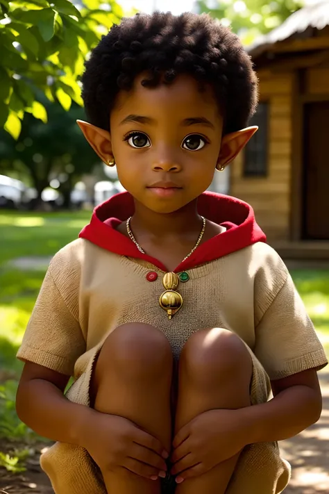 A small petite African American big eyed child like female elf