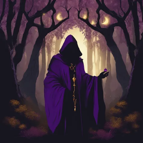 create a illustration, Arafed monk in a purple robe holding a portion, like a Wizard, in dark purple robes, wearing black and purple robes, Portrait of a forest wizard, wearing dark robe, casting a spell on a potion, evil sorcerer, tarot card the hermit, s...