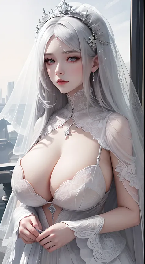 a veil on her head, Grey veil, White hair, Off-white, Guvez Art style, Arrogant and heartless girl, Half-squinted, White eyeballs, White eyes, National style, Off-white,(huge tit,gigantic cleavage breasts)