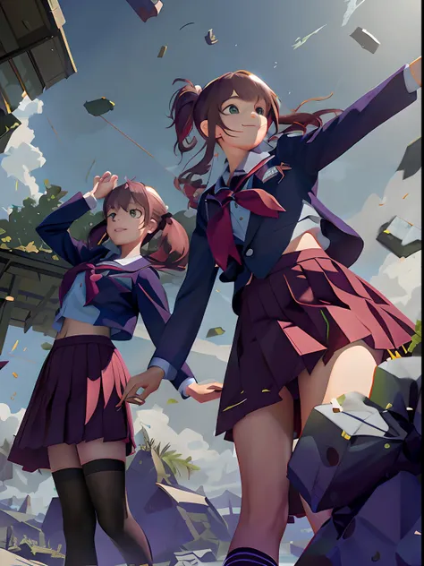 realistic, twins, same outfit, school uniform, gloomy weather