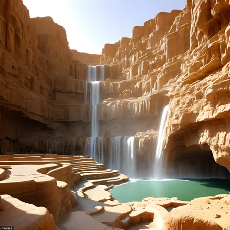 Underground city in the desert with massive waterfalls scattered about which take water from oasis’s irrigation of land is used to thrive