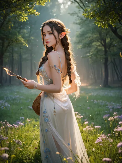 A graceful elf girl stands in a meadow, her delicate features illuminated by the soft light of the setting sun. Her long, flowing hair cascades down her back, adorned with intricate braids and adorned with sparkling jewels. This stunning painting captures ...