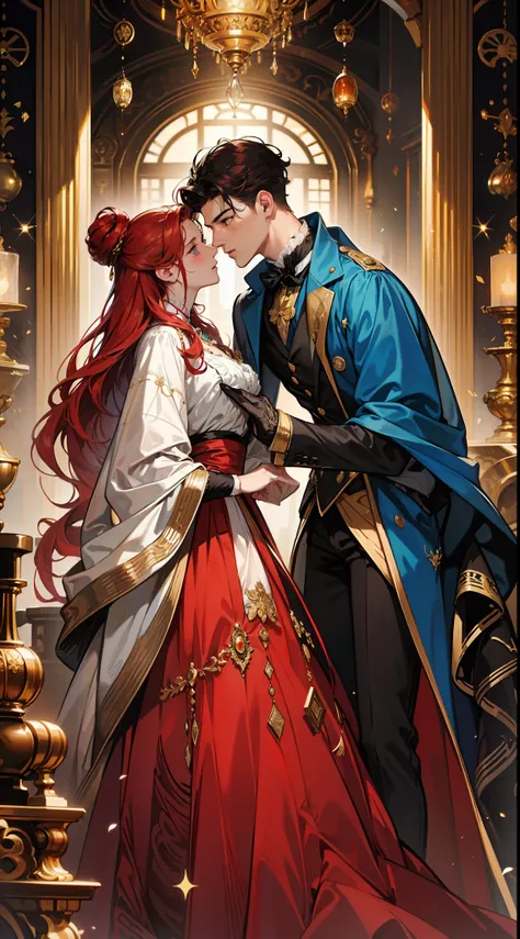 ((masterpieces)), best quality, exceptional illustration, a couple kissing, soft focus, 1 boy with short black hair, BLUE EYES, 1 girl with long wavy red hair, GOLDEN YELLOW EYES, Victorian clothing, Victorian romanticism, opulent and exquisite atmosphere,...