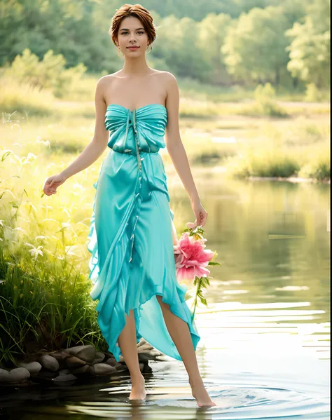 ((( watercolor painting ))) long shot 21 year old woman standind near forest pond, shoulder length hair ((( turquoise strapless satin gown ))) ((gently bowing down to the water)) soft ligth out of focus background, Large strokes ，Easy brushstrokes， elegant...