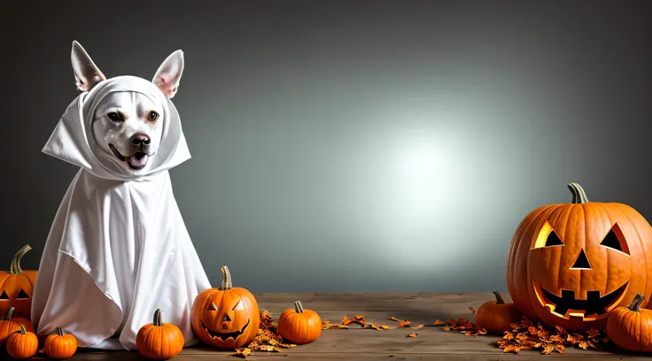 Araffe dog in a ghost costume sitting between two pumpkins, Halloween ghost under a sheet, Shutterstock, Em um estilo de Halloween, papel de parede de dia das bruxas com fantasmas, dia das bruxas, cute funny ghost, iStock, Travessuras ou gostosuras, Assomb...