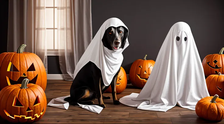 Araffe dog in a ghost costume sitting between two pumpkins, Halloween ghost under a sheet, Shutterstock, Em um estilo de Halloween, papel de parede de dia das bruxas com fantasmas, dia das bruxas, cute funny ghost, iStock, Travessuras ou gostosuras, Assomb...