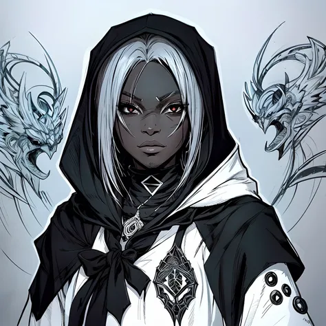 Black Anime w cloak
female drow elf with black skin and white hair, dark clothing with hood, rpg character, whimsical, visually rich, sketch book, bits of color, slightly coloured, rough sketch, art nouveau, ink lines, ink art by MSchiffer,