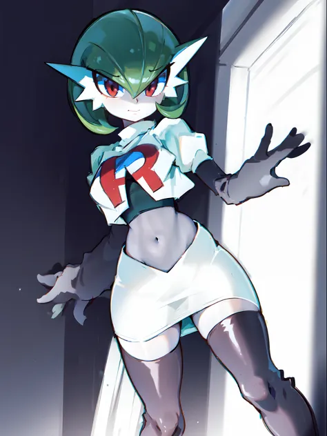 gardevoir,1girl,team rocket,team rocket uniform,white skirt,crop top,black thigh-highs,black elbow gloves,