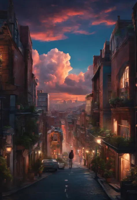 Create an urban backdrop, with buildings, Vivid and colorful skies, style of anime, desenho, Anime setting, CEU, ​​clouds, viewed from birds-eye