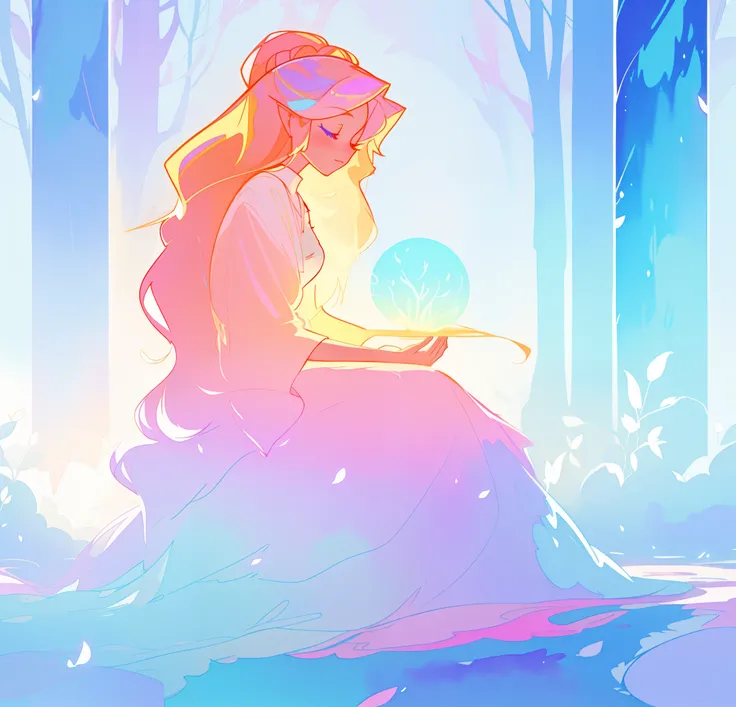 beautiful girl in flowing dress sitting in a forest, winter forest background, long golden pink hair, white blue and purple color background, watercolor illustration, inspired by Glen Keane, inspired by Lois van Baarle, disney art style, by Lois van Baarle...