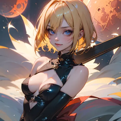 Short small girl, short blond hair with blaids, witch sexy cosplay, beautiful detailed eyes, skinny, kinky low smile, night street background, lifting chest, big breasts, Cleavage, blood moon on sky, small waist, stripper clothes, zombies on background