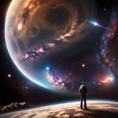 man standing in front of the universe