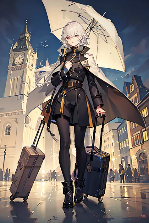 Male Boy，From Europe，Slender body，with fair skin，The bridge of the nose is high，Yellow pupil，silver short curls，Wearing a long khaki trench coat，The trench coat flutters in the wind，Wear yours with a black turtleneck，Travel through the medieval city，Exquis...