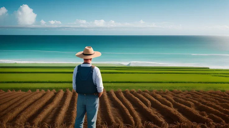 Farmer next to ocean