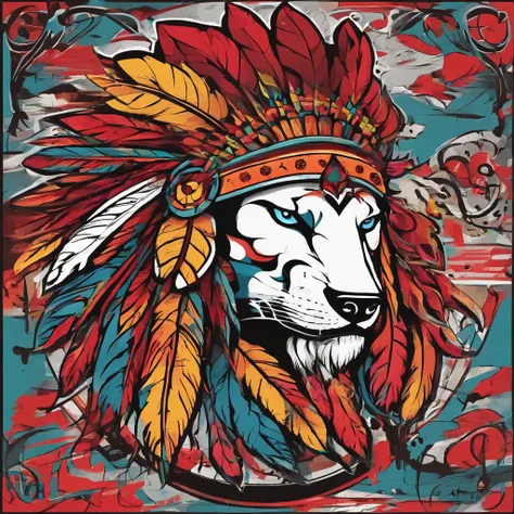 Chicago blackhawks logo. Washington redskins logo. Chief wearing a wolf head as a headdress. American Indian warrior. Sports style logo. Wearing a dark Grey wolf head. Side profile. Facing right. Bright colors. Bold lines. Deep copper complexion. Long brai...