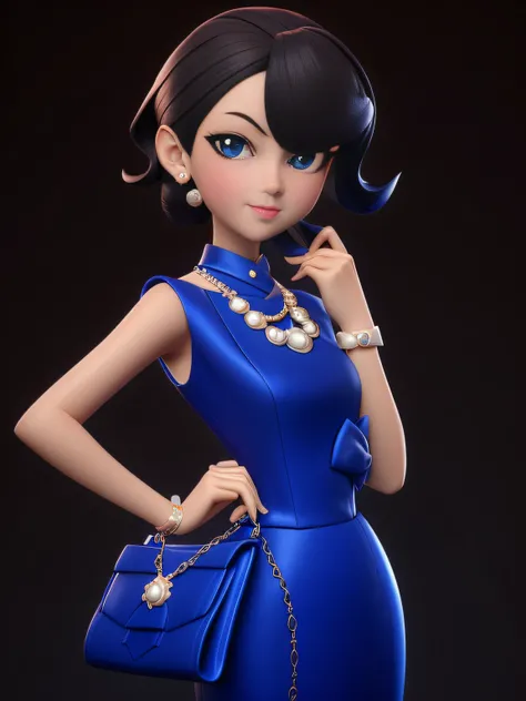 Close-up of a woman in a blue dress holding a purse, digital art of an elegant, stylized portrait formal pose, elegant fashion model, for hire 3d artist, anime styled 3d, highly detailed character, high detail iconic character, cute elegant pose, high qual...