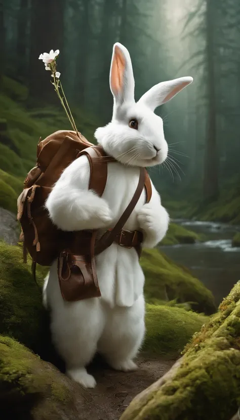 Classic negative portrait photo, fantasy video game character concept art, a cute white fluffy rabbit with a small brown leather backpack looking at a map hiking through the forest, dungeons and dragons, fantasy, river, haze, halo, Bloom, dramatic atmosphe...