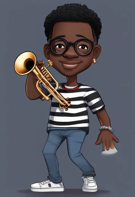 Draw Animoji cartoon of short black man with receding hairline and very short dreadlocks with black glasses and big eyes wearing striped t-shirt, jeans, and black sneakers playing a trumpet