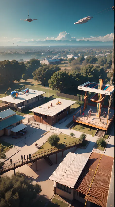 Aerial view shot of an African playground full of playing African children dressed in african designed futuristic clothes, with marks around the face, spaceships flying in the sky,  futuristic drones flying in the sky, futuristic swings and trampolines and...