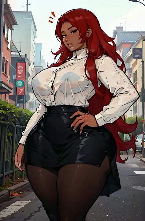 dark skin ((1 girl)) (huge hanging breasts: 1.5) ((toned body)) ((chubby)) (dark skin) dark red hair long hair (long sleeve white shirt pantyhose pencil skirt) see-through