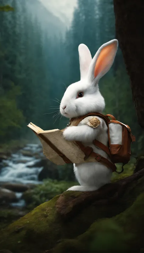 Classic negative portrait photo, fantasy video game character concept art, a cute white fluffy rabbit with a small brown leather backpack looking at a map hiking through the forest, dungeons and dragons, fantasy, river, haze, halo, Bloom, dramatic atmosphe...