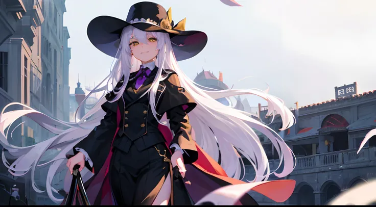 Gender: Female, Age: About 15, Eyes Half-open, Smiling, White Hair, Long Hair, Holding a Walking Stick, Height: 150, Yellow Eyes, Gentlemans Clothes, Black Silk, Horror

She always has a smile on her face，Be kind to those around you，Stay calm even in diffi...