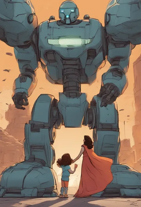 (cartoon super hero mother and daughter together fighting a huge robot,lora:COOLKIDS_V2:1)