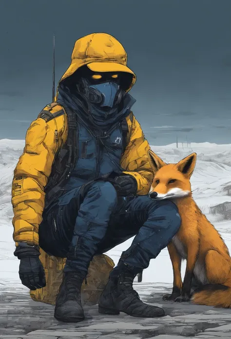 Humanoid Yellow duck with dark blue beanie on sitting next to humanoid fox with black jacket and pilot hat on