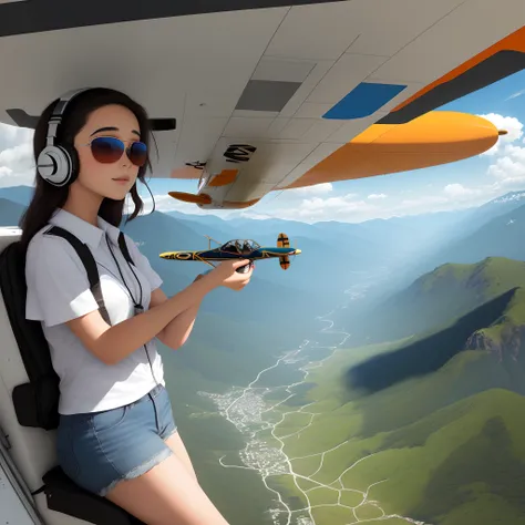 Hispanic teenage girl flying a small plane wearing ray ban sunglasses whith a plane headset and overlooking the mountains.