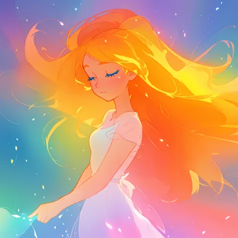 beautiful girl in white dress, fairy dress, long golden colorful hair, watercolor illustration, inspired by Glen Keane, inspired by Lois van Baarle, disney art style, by Lois van Baarle, glowing aura around her, by Glen Keane, jen bartel, glowing lights! d...