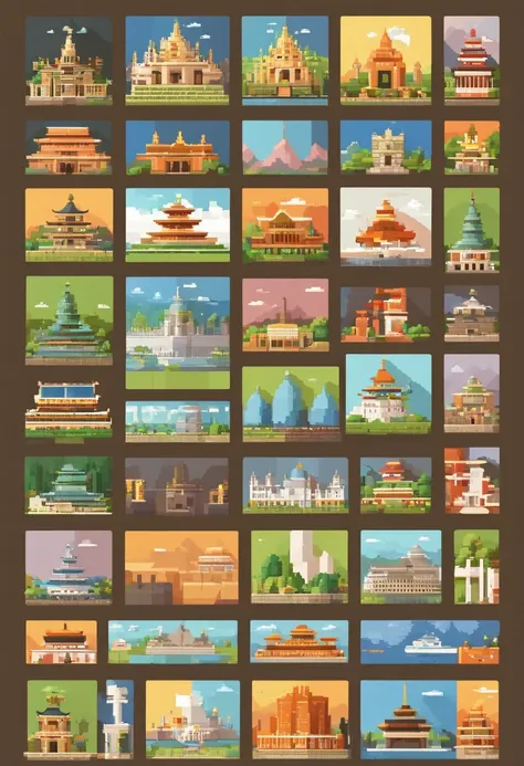 a set of travel and landmarks icons including the worlds landmarks, pixel art by Joe Bowler, trending on behance, international typographic style, castles and temple details, japan travel and tourism, detailed buildings, european japanese buildings, all bu...