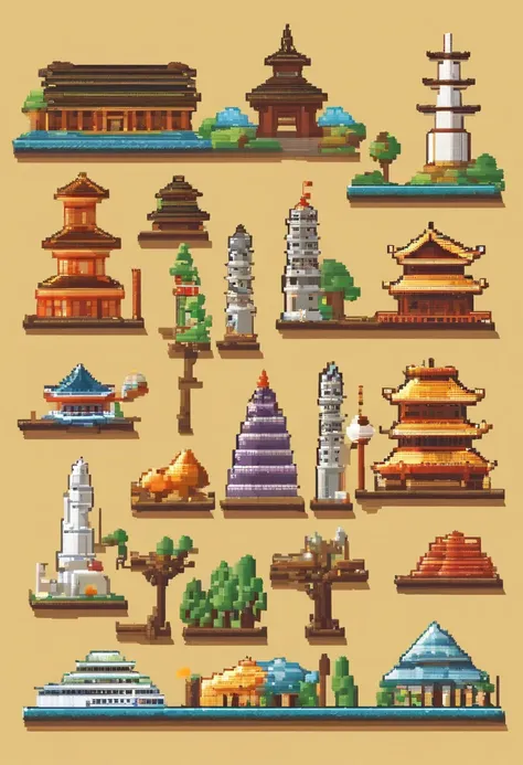 a set of travel and landmarks icons including the worlds landmarks, pixel art by Joe Bowler, trending on behance, international typographic style, castles and temple details, japan travel and tourism, detailed buildings, european japanese buildings, all bu...