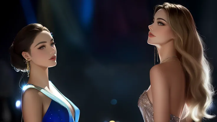 Dos mujeres en vestidos de noche de pie una al lado de la otra, Miss Universo, olivia culpo, Aurora Aksnes y Zendaya, they are close to each other, mirando hacia un lado, Jacqueline E, Reina y gobernante del universo, Diosas, rendering of beauty pageant