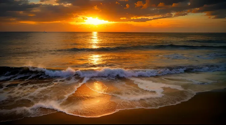 An absolutely mesmerizing sunset over the beach, with a blend of oranges, pinks, and yellows filling the sky. Crystal-clear waters of the sea gently kissing the shore, with sandy white beach stretching far and wide. The scene is dynamic and breathtaking, w...